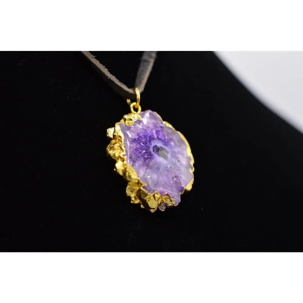 Calinana Handmade USA Necklace Pendant Geode Purple Stone Brushed Gold Bin3D